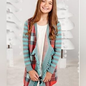 Matilda Jane 435 Cardigan Sweater Girls Size 14 Plaid Open Front Fringe Blue